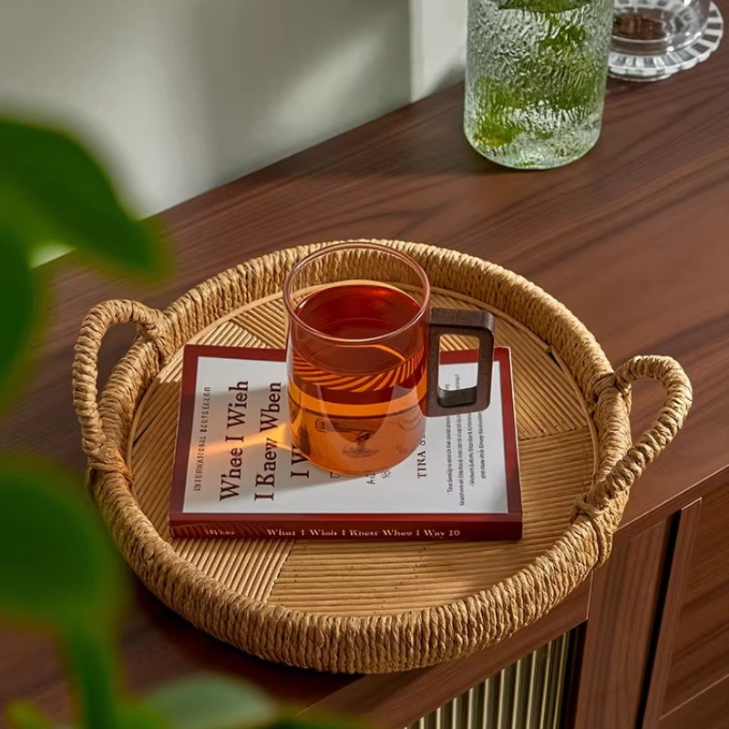 Rattan Tray Handle - Handgewebtes Rattantablett mit Griffen, Runde Aufbewahrungsschale