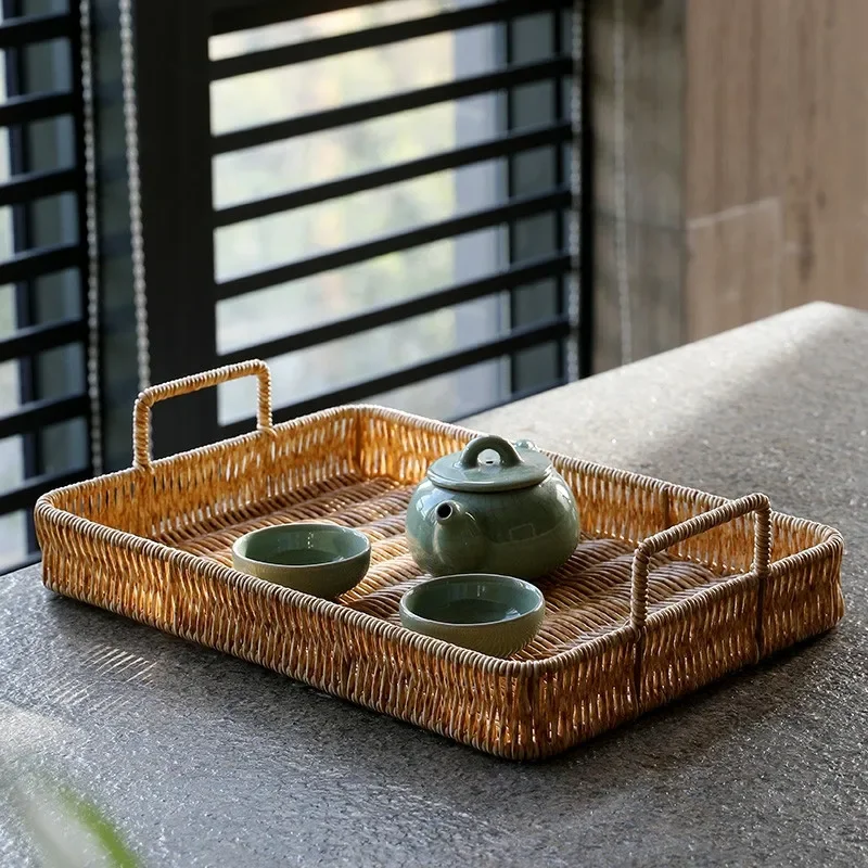 Rattan Tray Handle - Kunststoff-Aufbewahrungstablett mit Griff, Rattanimitat, Webkorb, Kleinigkeiten,