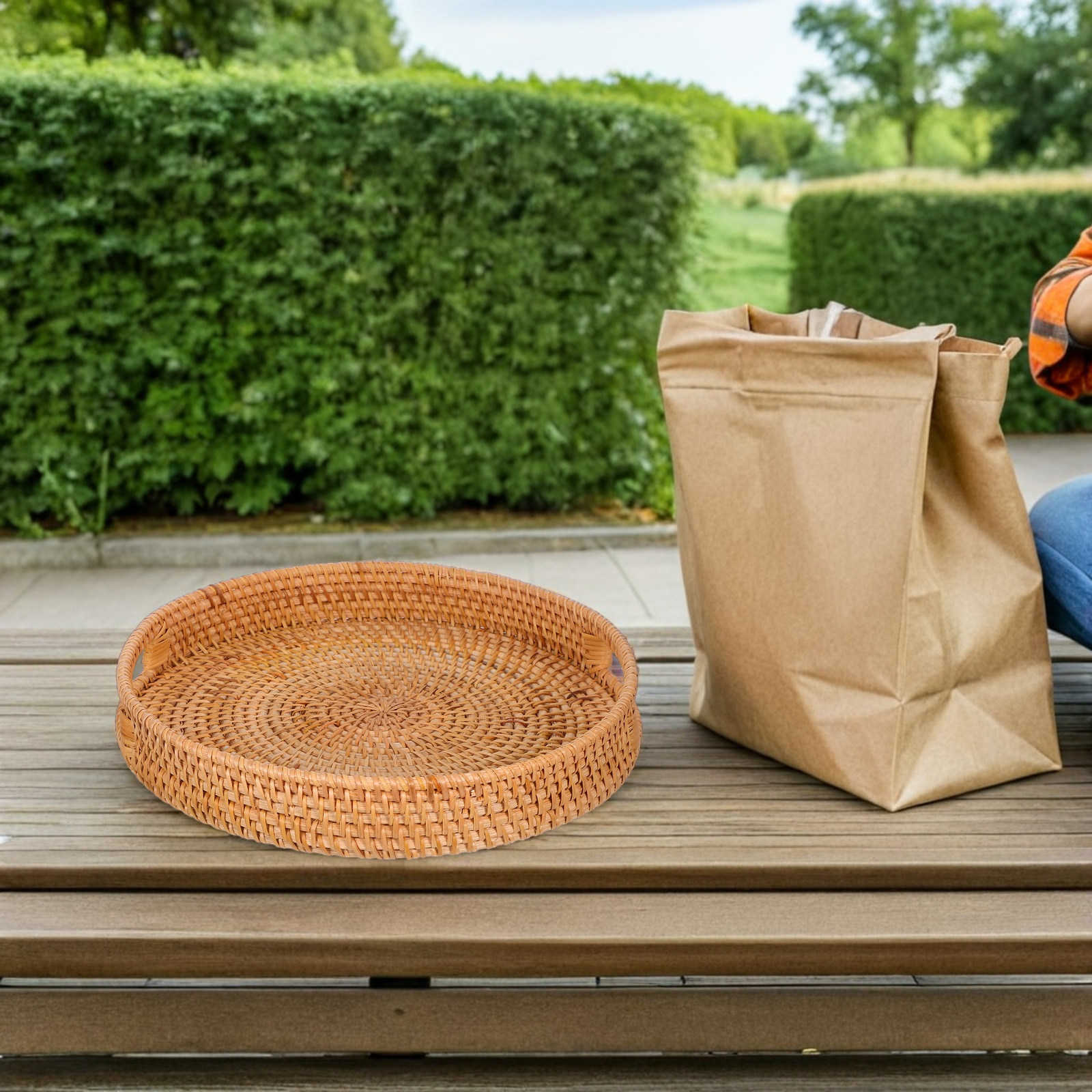 Rattan Tray Handle - 14-Zoll Runde Rattan-Servierplatte Handgewebter Servierkorb mit