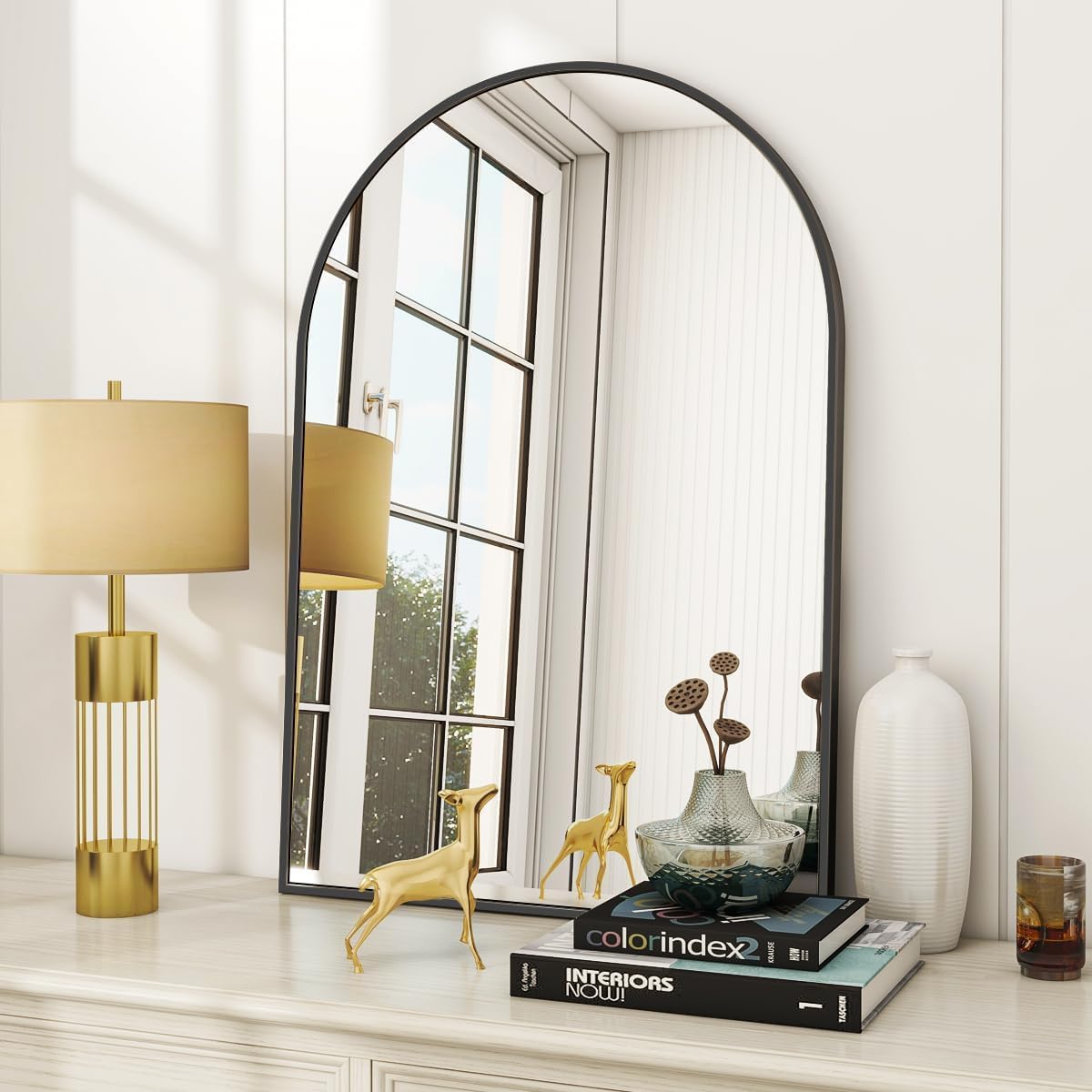 Arch Mirror Leaning - Gewölbter Wandspiegel 24x36 Zoll, schwarzer Metallrahmen,