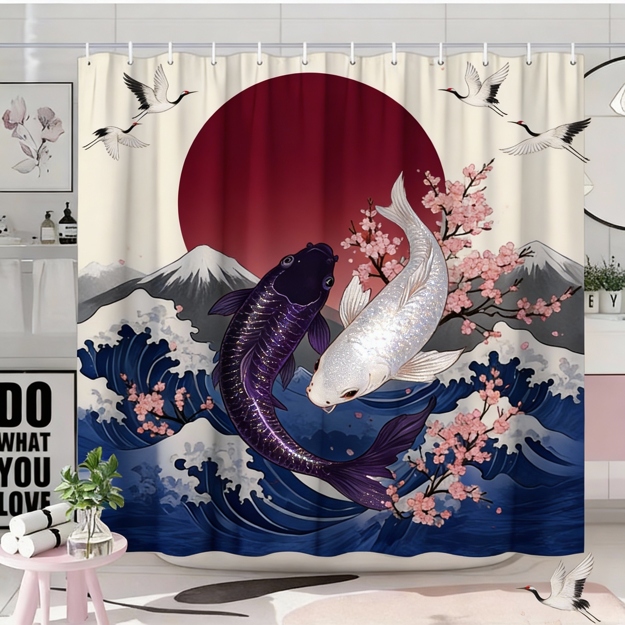 Interior Design Japanese - Koi-Fisch-Duschvorhang, Polyester, bedruckt, Heimdekoration, japanisches Kunstthema,