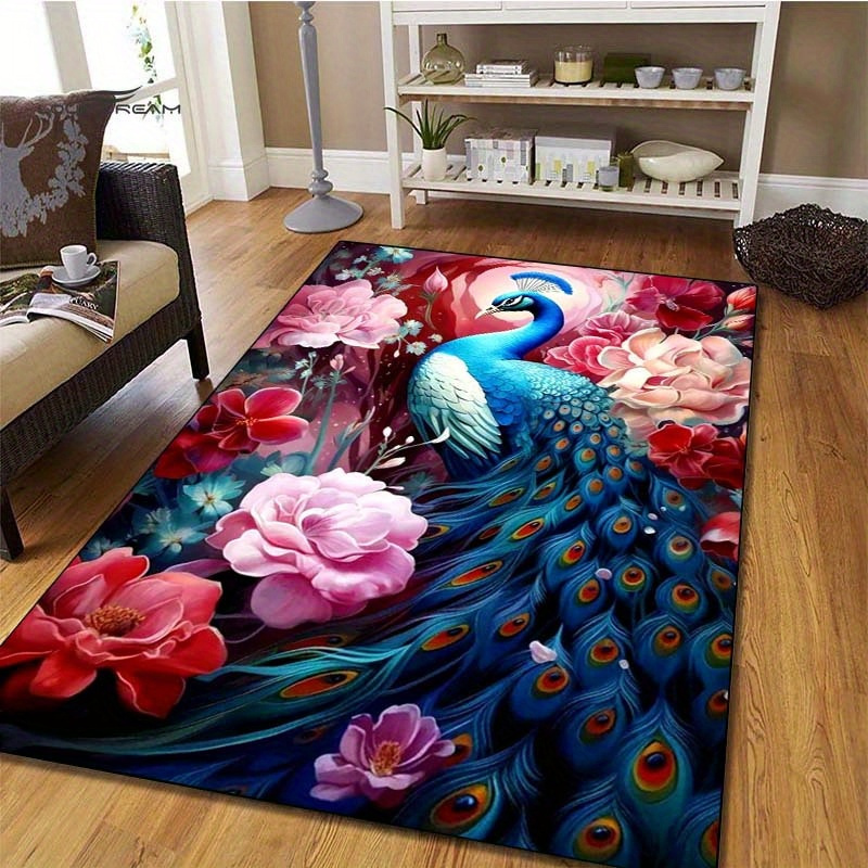 Interior Design Elements - Pfau und Blumen 3D-Teppich für Schlafzimmerdekoration,