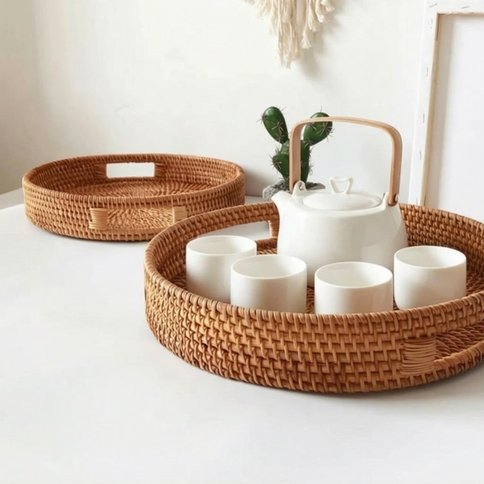 2-teiliges Rattan-Tablett mit  – Rattan Tray Handle Bewertung und Preis